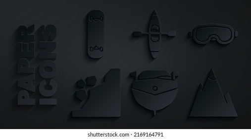 Set Speedboat, Ski goggles, Landslide, Mountains, Kayak or canoe and Skateboard trick icon. Vector