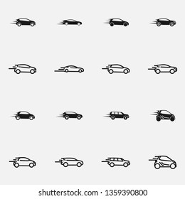 Set of speeding car black and white vector icon.