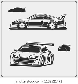 Set of speeding racing cars. Vector illustration.