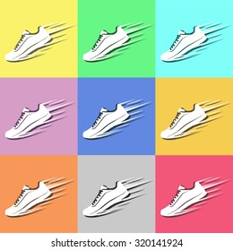 Set of speeding running sport shoe symbol, icon or logo. Vector illustration