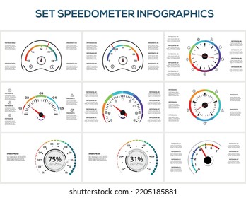Establezca un velocímetro con 4, 5, 6, 7, 8, 9 elementos, plantilla de infografía para web, negocios, presentaciones, ilustración vectorial. Visualización de datos empresariales.