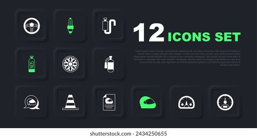 Set Speedometer, Alloy wheel for car, Racing helmet, Nitrous oxide, Traffic cone, Car spark plug and  icon. Vector