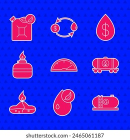 Set Speedometer, Bio fuel, Oil industrial factory building, railway cistern, Alcohol spirit burner, drop with dollar and canister icon. Vector