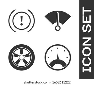 Set Speedometer, Brake system warning, Car wheel and Speedometer icon. Vector