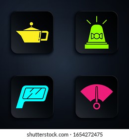 Set Speedometer, Canister for motor machine oil, Car mirror and Flasher siren. Black square button. Vector