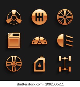Set Speedometer, Canister for motor oil, Chassis car, High beam, Alloy wheel, gasoline,  and Car ventilator icon. Vector