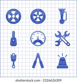 Set Speedometer, Car battery jumper power cable, Flasher siren, Wrench, Engine piston, key with remote, Signal horn vehicle and wheel icon. Vector
