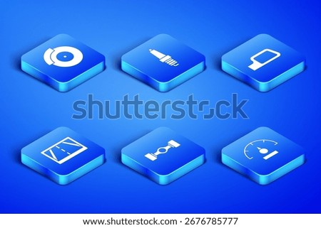 Set Speedometer, Car brake disk with caliper, Chassis car, Gps device map, spark plug and mirror icon. Vector