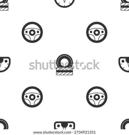 Set Speedometer, Car tire wheel and Steering on seamless pattern. Vector
