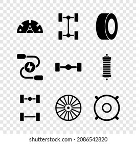 Set Speedometer, Chassis car, Car tire, Alloy wheel, audio speaker, battery jumper power cable and  icon. Vector