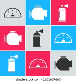 Set Speedometer, Check engine and Paint spray can icon. Vector