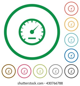Set of speedometer color round outlined flat icons on white background