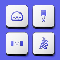 Set Speedometer, Engine piston, Chassis car and Racing track icon. White square button. Vector