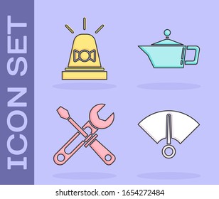 Coloque el velocímetro, la sirena del lavaparabrisas, las herramientas del destornillador y la llave y el cartucho para el icono de aceite de la máquina motora. Vector