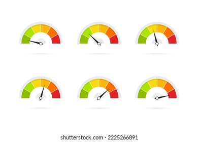 Set of Speedometer flat icons. Infographic of risk, gauge, score progress. Vector logo for web design, mobile and infographics. Isolated on white background. Dashboard with arrows