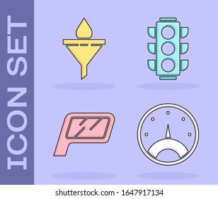 Ajuste el velocímetro, el embudo o filtro y la caída de aceite del motor, el espejo de Camión y el icono de semáforo. Vector