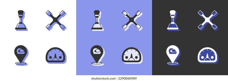 Set Speedometer, Getriebe-Shifter, Racing Helm und Wheel-Schraubenschlüssel Icon. Vektorgrafik