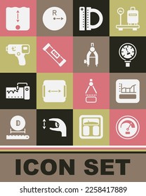 Set Speedometer, Graph, schedule, chart, diagram, Pressure water, Protractor and ruler, Construction bubble level, Digital thermometer, Depth measurement and Drawing compass icon. Vector