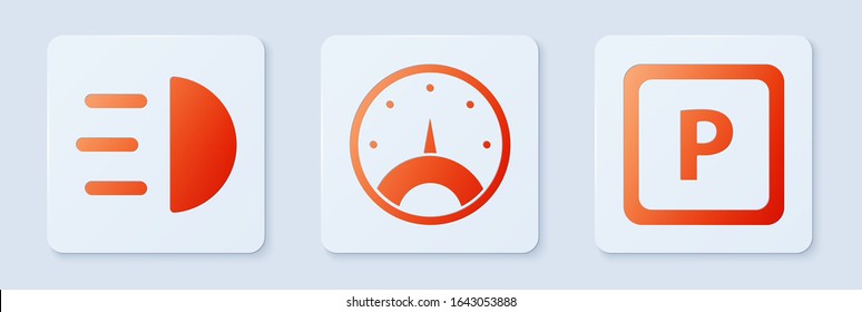 Set Speedometer, High beam and Parking. White square button. Vector