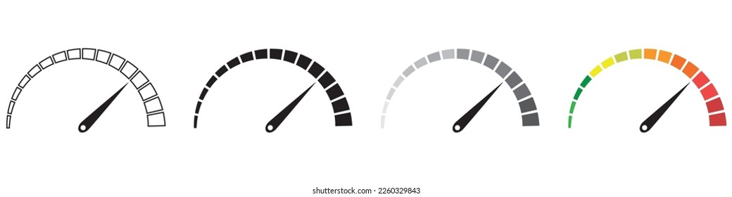 Conjunto de iconos del velocímetro. El nivel de satisfacción del cliente. Sensor de nivel de riesgo. Juego de iconos de la imagen del velocímetro gráfico de información colorida. Medidor de rendimiento. Un conjunto de iconos de infografía.
Dotte