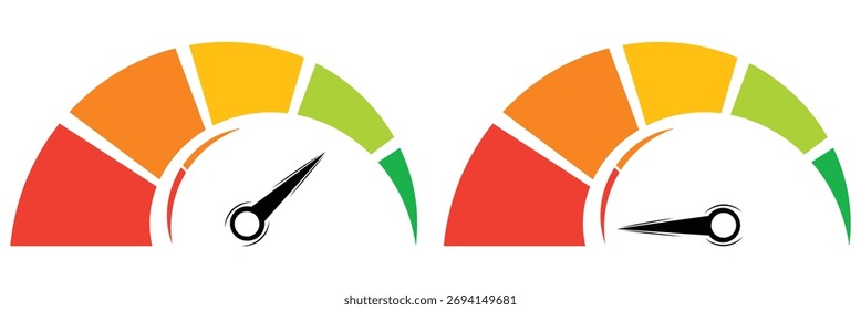 Set of speedometer icons for measuring performance. Speedometer icons set. Dashboard performance indicator sign. Dashboard speedometer gauge vector illustration with performance dial, control needle