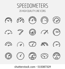 Set of speedometer icons in modern thin line style. High quality black outline odometer symbols for web site design and mobile apps. Simple linear speedometer pictograms on a white background.