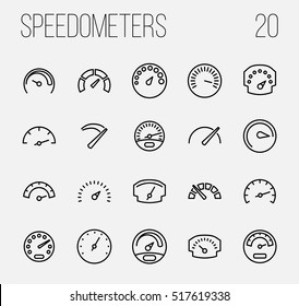 Conjunto de iconos de velocímetro en estilo moderno de línea delgada. Símbolos de alto perfil negro para el diseño de sitios web y aplicaciones móviles. Pictogramas simples de velocímetro lineal sobre un fondo blanco.