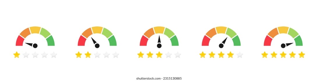 Set of speedometer icons with star rating. Speedometer, gauge meter icons with stars. Level of performance. Infographic of risk, gauge, score. User review icon. Customer satisfaction level. Vector