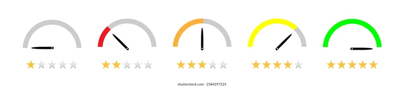 Set of speedometer icons with star rating. Level of performance. Infographic of risk, gauge, score. User review icon.Vector