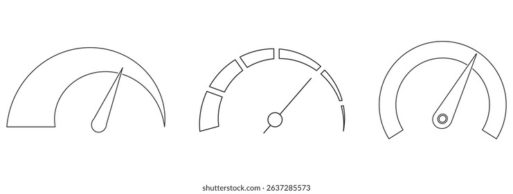 Set of Speedometer icons. Vector scale, level of performance. Speed dial indicator. Green and red, low and high barometers, dashboard with arrows. Normal, Medium and High level indicator.