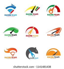 Set of speedometer logo design. Racing team icon template. Speed service engine vector illustration. Transportation concept collection
