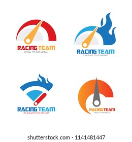 Set of speedometer logo design. Racing team icon template. Speed service engine vector illustration. Transportation concept collection