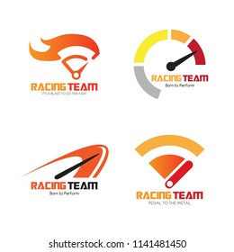 Set of speedometer logo design. Racing team icon template. Speed service engine vector illustration. Transportation concept collection