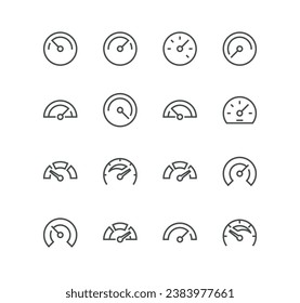 Set of speedometer related icons, odometer, dashboard, car speedometer, efficiency, velocity, gauge and linear variety vectors.
