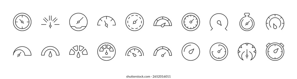 Conjunto de ícones de linha relacionados ao velocímetro. Outline Signs para Gráficos e Web Design, Apps, Anúncios, Vários Cartões 