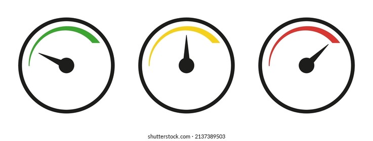 Set of speedometer scales. Arrow in different positions. Green, yellow and red scale. Vector isolated on white