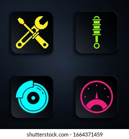 Set Speedometer, Screwdriver and wrench tools, Car brake disk with caliper and Shock absorber. Black square button. Vector