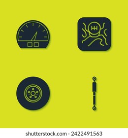 Set Speedometer, Shock absorber, Car brake disk and Gear shifter icon. Vector