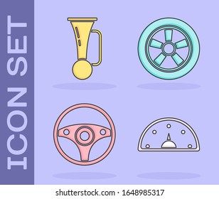 Set Speedometer, Signal horn on vehicle, Steering wheel and Car wheel icon. Vector