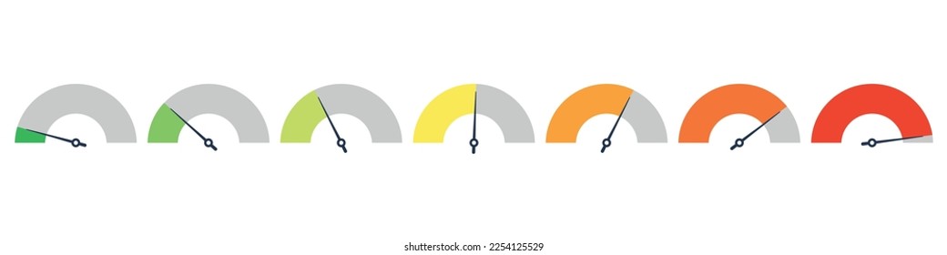 Satz des Tachometers, Drehzahlanzeiger. Grün und Rot, niedrige und hohe Barometer, schlechtes und gutes Niveau oder Risikoskala. Vektorgrafik einzeln