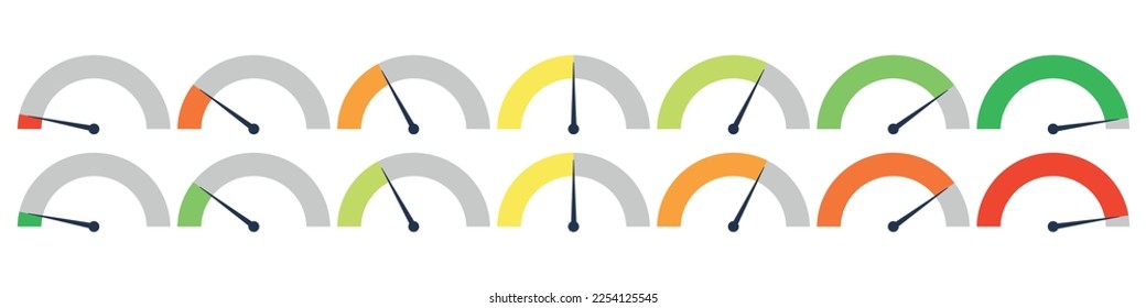 Set of speedometer, speed dial indicator. Green and red, low and high barometers,bad and good level or risk scale. Vector isolated illustration