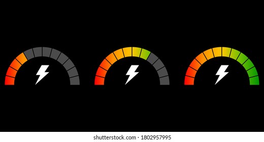 Set of speedometer. Speed icon with lightning on black background. Set indicators, indicating quality, level, rating.