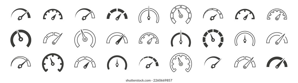 Set of speedometer, tachometer icons. Dashboard speedometer icons. Performance indicator sign. Vector illustration.