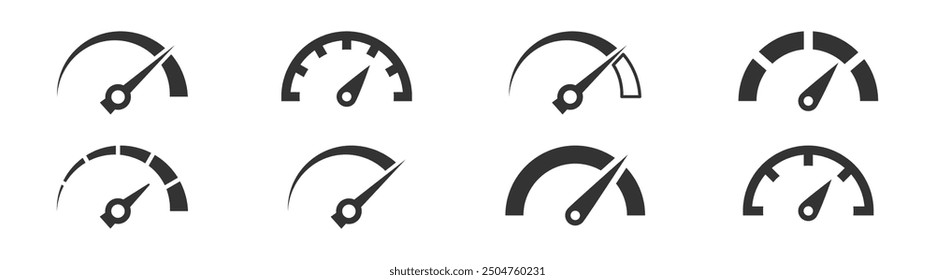 Set of speedometer, tachometer icons. Dashboard speedometer icons. Performance indicator sign. Vector illustration.