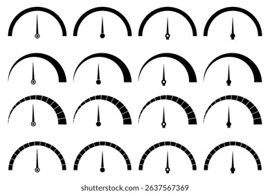 Set of speedometer, tachometer icons. Dashboard speedometer icons. Performance indicator sign. Speedometer icons. Speed indicator. Speedometers icons set. Speed guage. Risk indicator. Risk meter. 