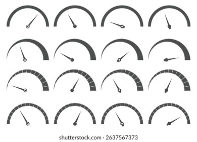 Set of speedometer, tachometer icons. Dashboard speedometer icons. Performance indicator sign. Speedometer icons. Speed indicator. Speedometers icons set. Speed guage. Risk indicator. Risk meter. 