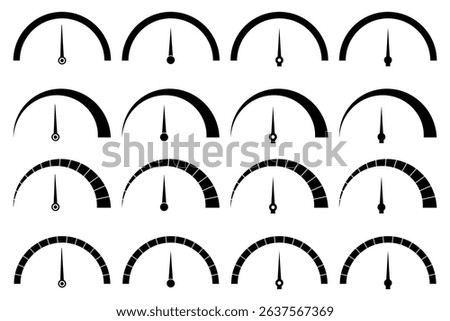 Set of speedometer, tachometer icons. Dashboard speedometer icons. Performance indicator sign. Speedometer icons. Speed indicator. Speedometers icons set. Speed guage. Risk indicator. Risk meter. 