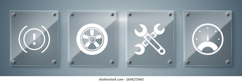Set Speedometer, Wrench, Car wheel and Brake system warning. Square glass panels. Vector