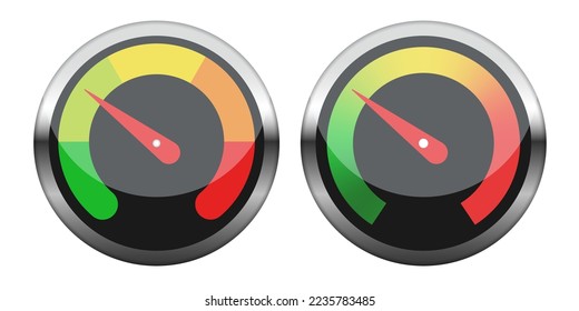 Conjunto de velocímetros. Icono 3d de color. Iconos del indicador de velocidad del automóvil aislados en el fondo blanco. Vector clipart.