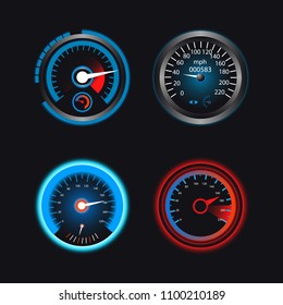 Set of speedometers for dashboard. Realistic panel for transport automobile illustration